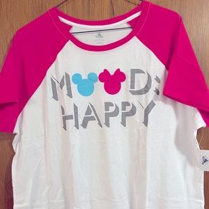 NWT Disney 2X Pink & White Tee, Screenprinted "Mood: Happy", Raglan Short Sleeve